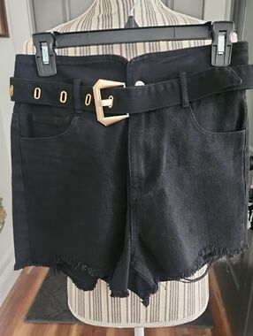 High-Rise Black Denim Frayed Hem Shorts with Belt
